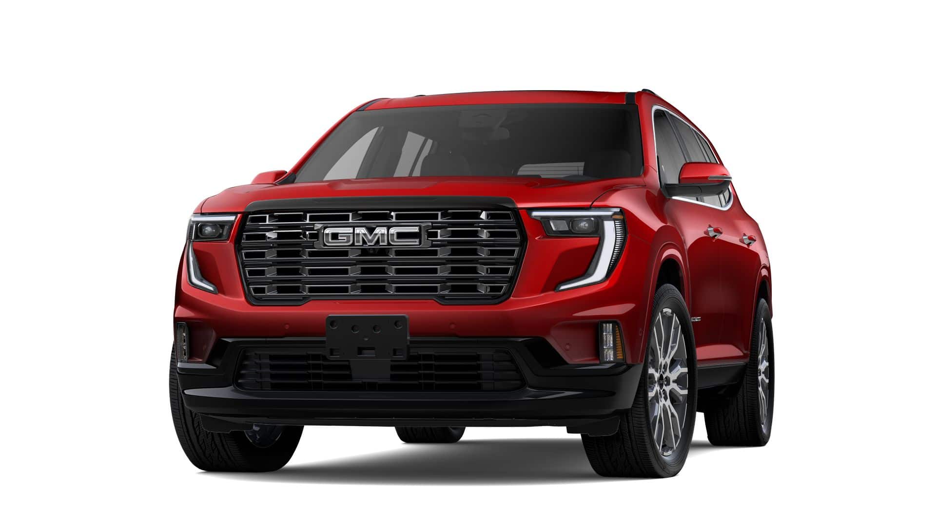 2026 GMC Acadia Denali Ultimate in Volcanic Red Tintcoat — front three-quarter view